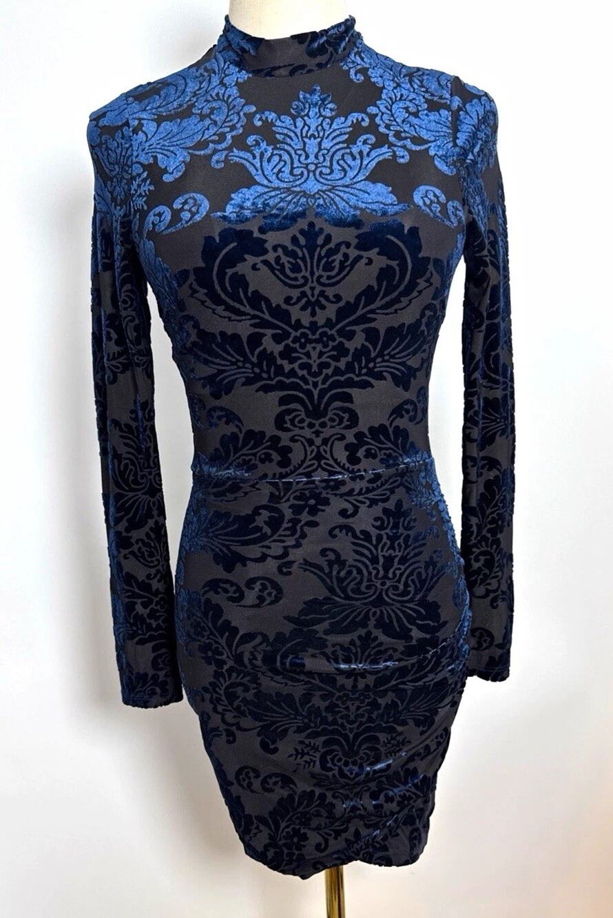 Windsor XS Navy/Black Burnout Velvet Damask Bodycon Mini Mock Neck long sleeve
